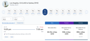 LAX to SYD flight, 42.5k miles in main, 55k miles in premium, 85k miles in business