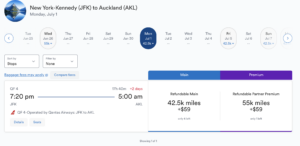Premium economy airfare from JFK to AKL, 55,000 miles plus 59 dollars on the nonstop Qantas flight from JFK to AKL