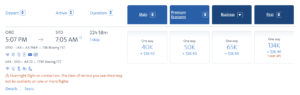 Mileage cost in economy premium economy, business, and first class with AA miles from ORD to SYD. Main cabin is 40k, premium economy is 50k, business is 65k, and first is 134k