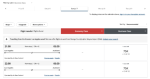 Airfares from LAX to Auckland in business class with Air Canada Aeroplan miles. Two flights with 75k miles plus $132 CAD in fees