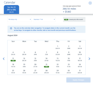 An American Airlines award calendar for nonstop flights from JFK to DEL. While most flights are hundreds of thousands of dollars, August 11 and 21 have business class availability for 55,000 miles