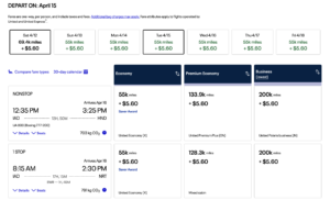 Airline tickets from Washington Dulles to Tokyo. Prices are 55,000 in economy with a saver award, which means those tickets are available on other websites. Premium economy is 133,900 miles, business class is 200,000 miles