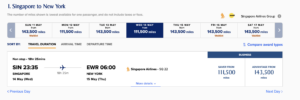 Singapore Airlines flight from SIN to EWR for 111,500 miles in business class