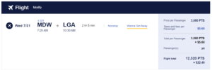 an airline sweet spot for families is using Southwest points between Chicago and New York, like this screenshot from Southwest for its award pricing