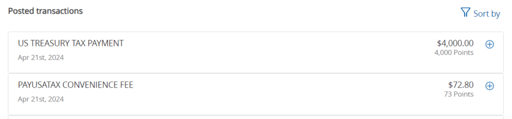 Screenshot showing tax payment via credit card plus how the transaction fee is charged