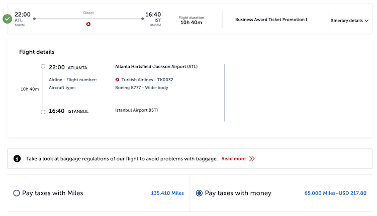 65k Turkish miles for Turkish Airlines flight ATL to IST plus over $200 in fees
