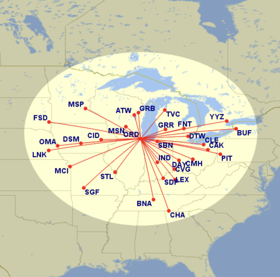 Non-stop United routes within 500 miles of ORD.