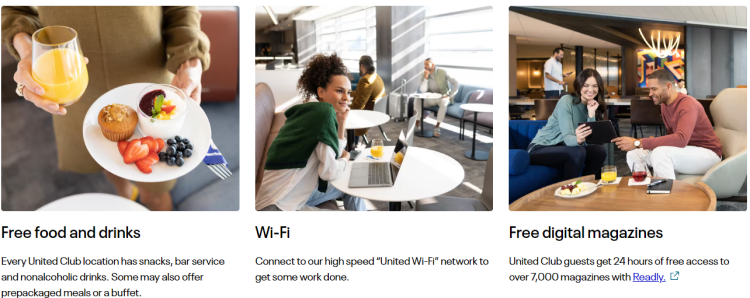 3 photos show some amenities available at United Clubs including food and beverage, wifi and digital magazines