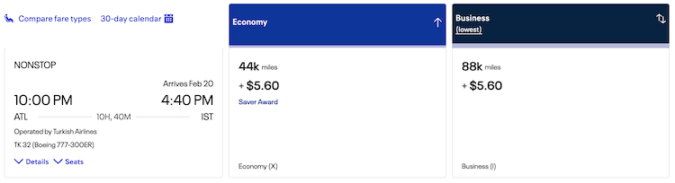 United award booking TK flight ATL-IST