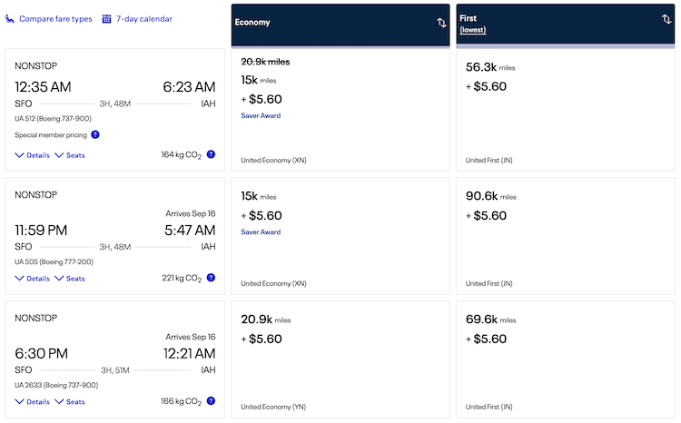 United award saver options labeled on flights SFO-IAH