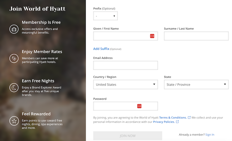 World of Hyatt sign up page