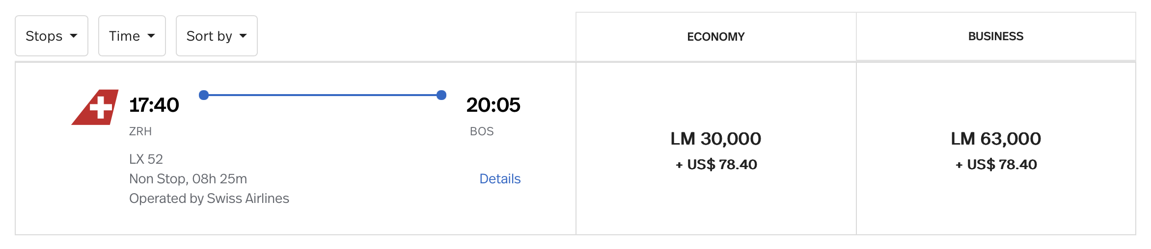 LifeMiles award from ZRH to BOS