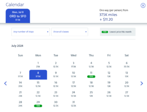 monthly view of awards ORD to SFO
