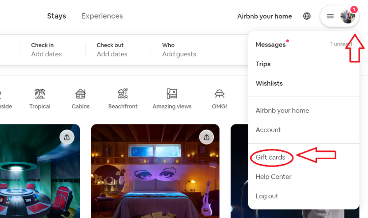 Screen Shot from the account menu for Airbnb, showing where to add gift cards.