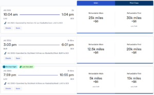 3 flights between LAX and Boise Idaho with different award prices using Alaska miles