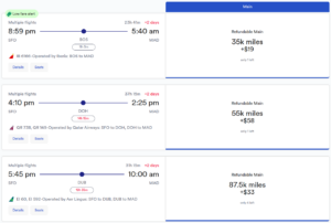 San Francisco to Madrid awards ranging from 35,000 to 87,500 miles per passenger