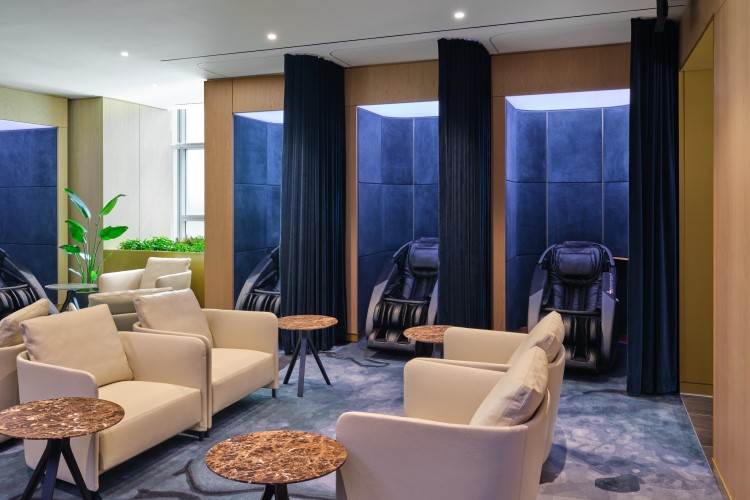 A photo of the relaxation pods at the Delta One Lounge at JFK Airport