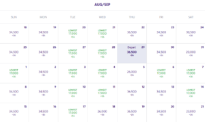 Sacramento to Burlington on Delta award calendar view