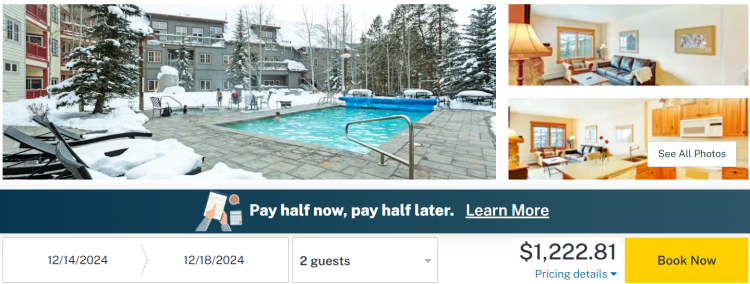 Screen shot of a Vacasa rental booking page showing a property in Keystone Co