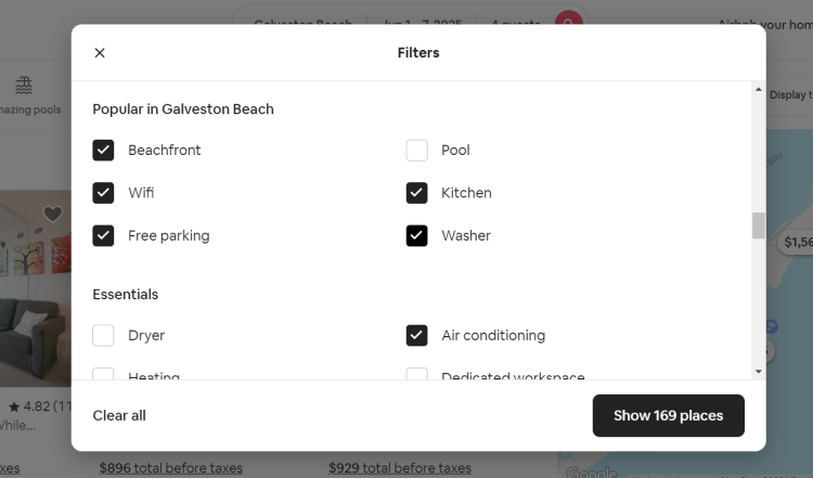 screen shot from Airbnb showing the filter options when searching for a property