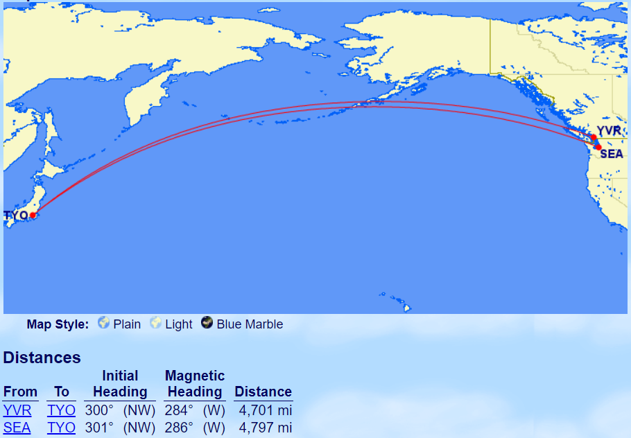Routes from North America to Asia that are under 5,000 miles