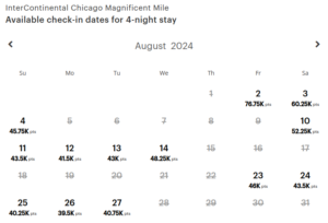 IHG award calendar showing award prices at the property we're discussing