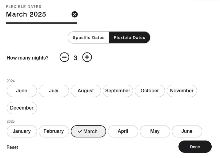 flexible dates search option for 3 nights in March 2025 with Marriott Bonvoy