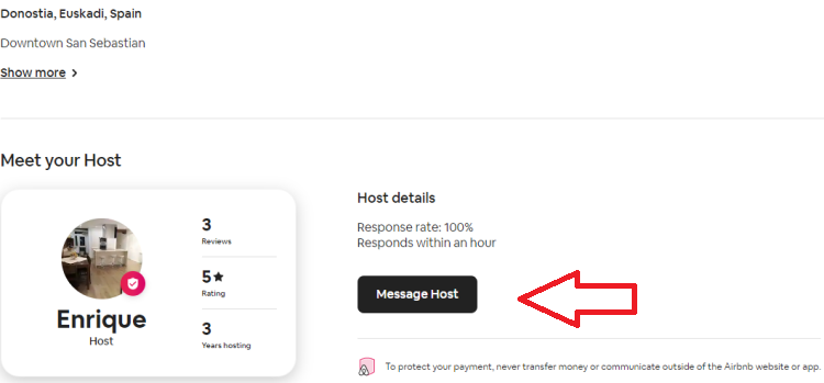 Screenshot shows that at the bottom of the Airbnb listing, you will find a button to message the host.