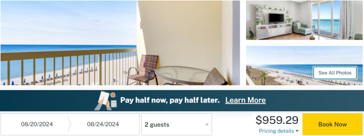 Screen shot from Vacasa booking site showing a condo in Panama City Beach, Fl.