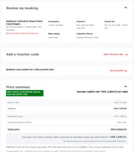 Radisson hotel checkout page