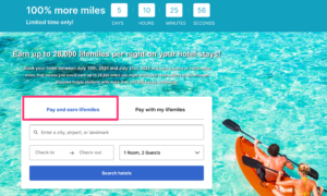 LifeMiles Hotel platform showing 100% more miles until July 21, 2024.