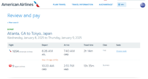 Screenshot of American Airlines Review and Pay checkout screen for an award from Atlanta to Tokyo