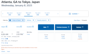 Screenshot of American Airlines award search results from Atlanta to Tokyo via Chicago