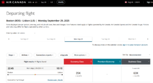 Screenshot of Aeroplan award search results from Boston to Lisbon