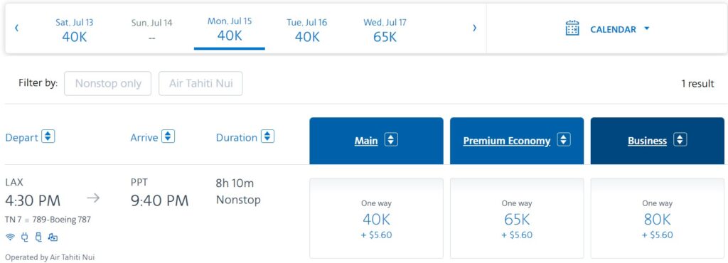 Air Tahiti LAX to PPT 80k Points with AA Example