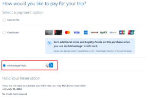 Screenshot showing the AAdvantage Hold option on the American Airlines checkout page
