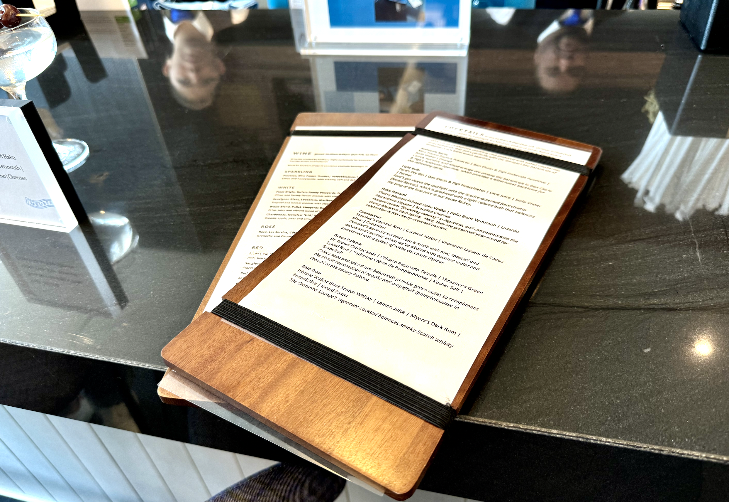 Bar menus at the DCA Centurion Lounge