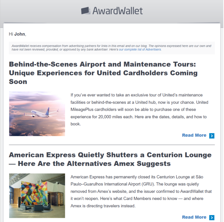 Partial screenshot of AwardWallet daily digest from March 8, 2025