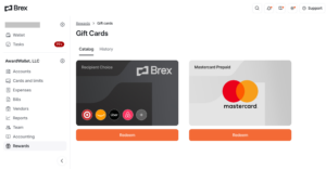 Screenshot showing Brex gift card redemption options
