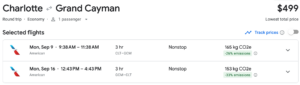 Cash pricing of the American Airlines round-trip flight between Charlotte and Grand Caymen.