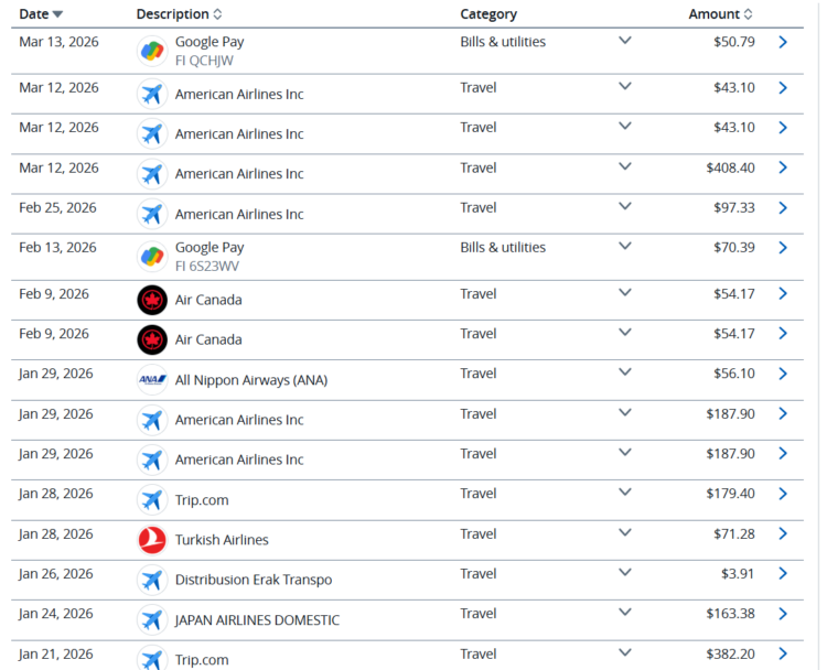 Screenshot showing recent Ink Preferred purchases