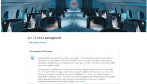 screenshot showing Chase Ultimate Rewards transfer bonus to Aeroplan