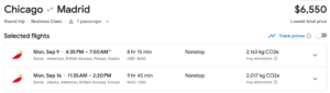 Chicago to Madrid round trip cost in Iberia business class in USD from Google Flights.