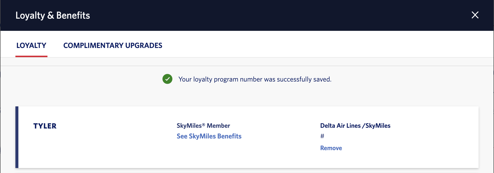 Confirmation that Delta number is applied to a Virgin Atlantic booking.