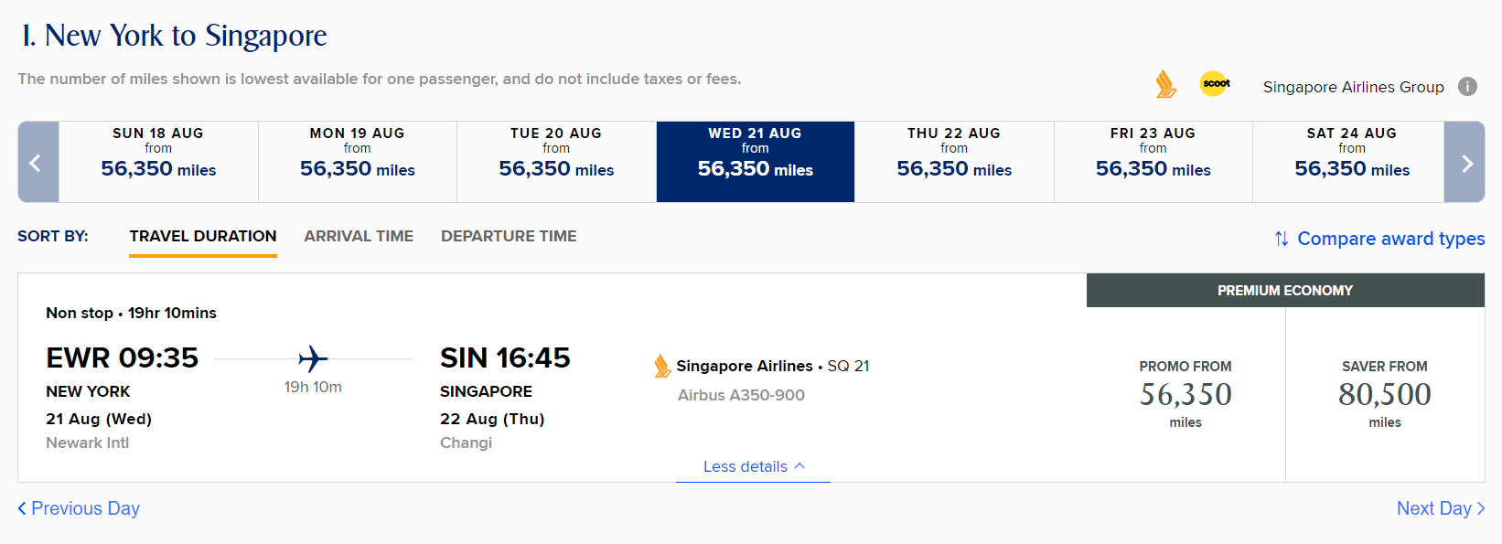 Screenshot of discounted Singapore Spontaneous Escapes award from Newark to Singapore