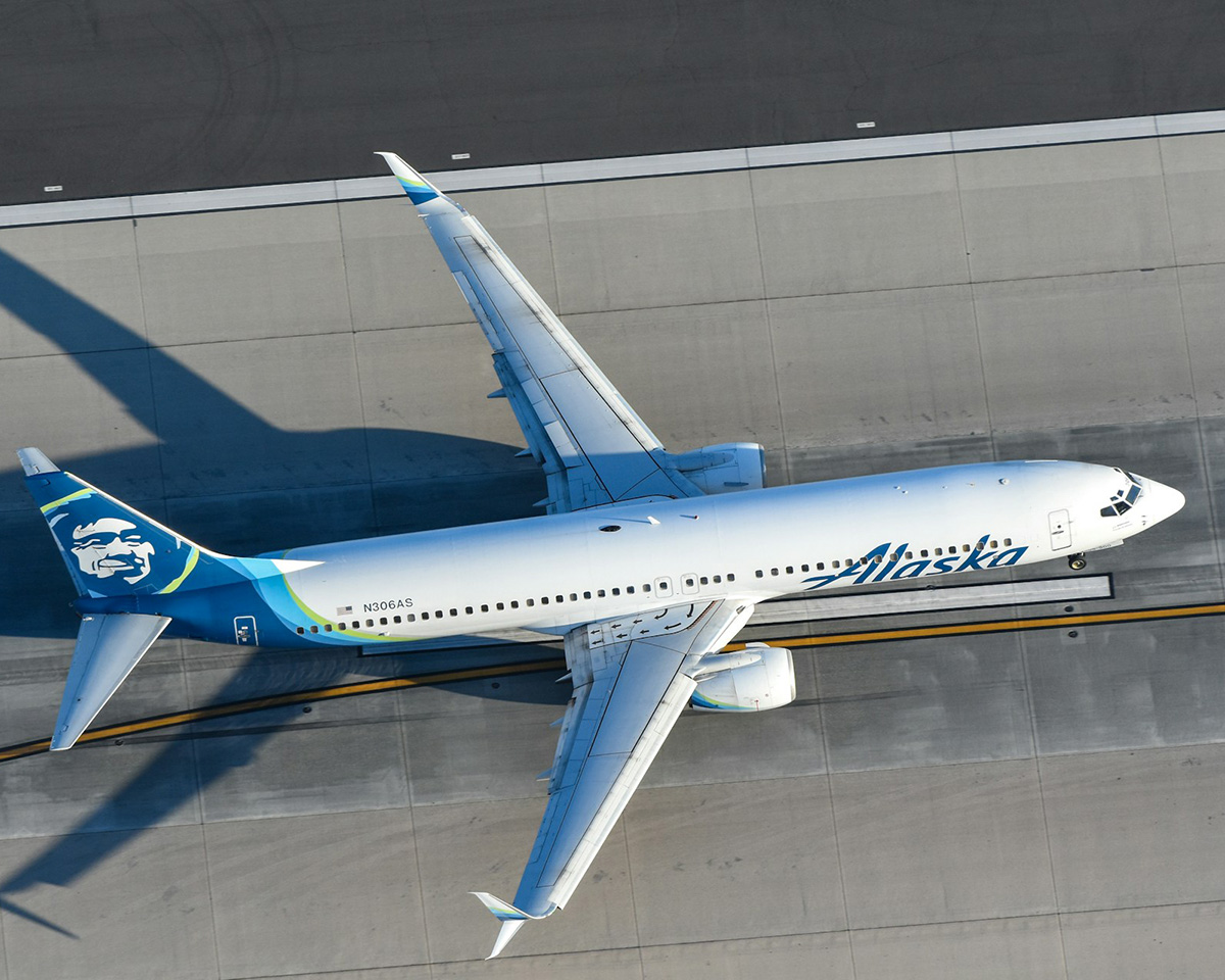 Top down view of Alaska Airlines aircraft on the runway