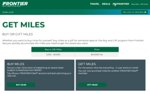 Screenshot showing the main page for buying and gifting Frontier Airlines miles.