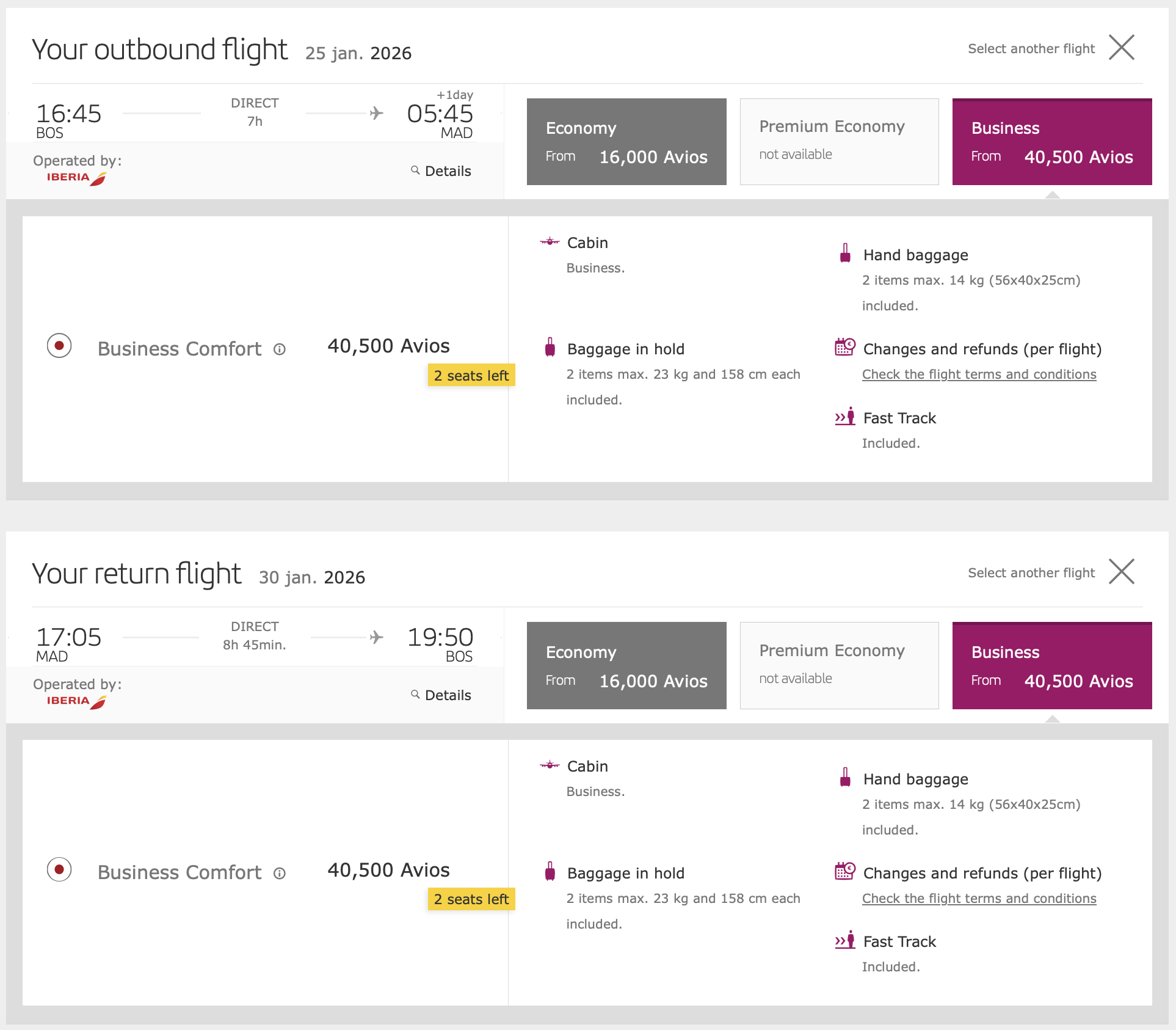 Award ticket price breakdown for MAD to BOS in Business Class.