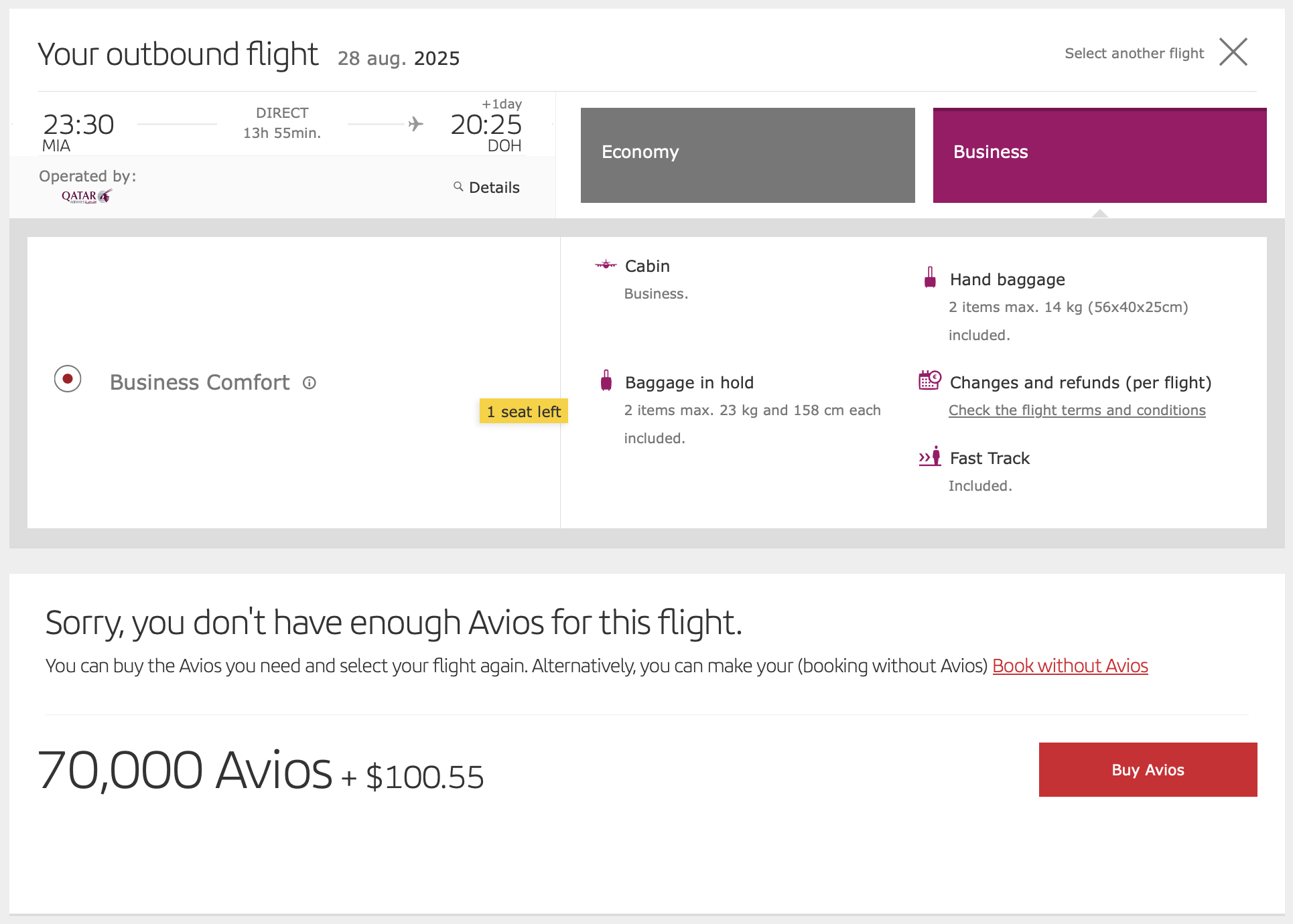 QSuite award operated by Qatar Airways available via Iberia