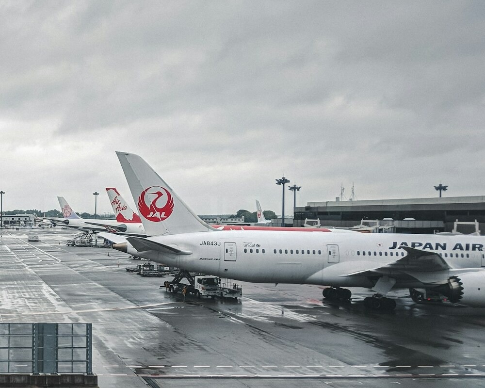 JAL 787 parked at a gate in Narita with cloudy skies in the background.